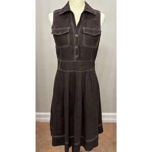 Carole Little Sz 10 Brown 100% Linen Dress Retro Vintage Sleeveless Rockabilly